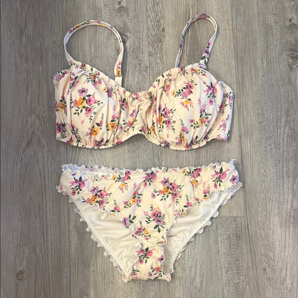 Cream and Pink Floral Bikini Set